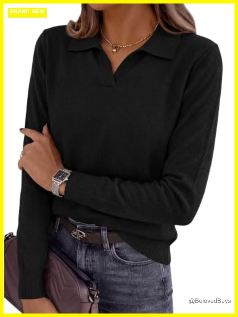 Women's Long Sleeve Collared Polo Sweater Loose Knit V-Neck Pullover